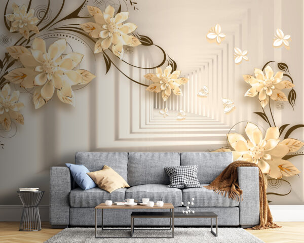 Wallpaper with flowers and butterflies