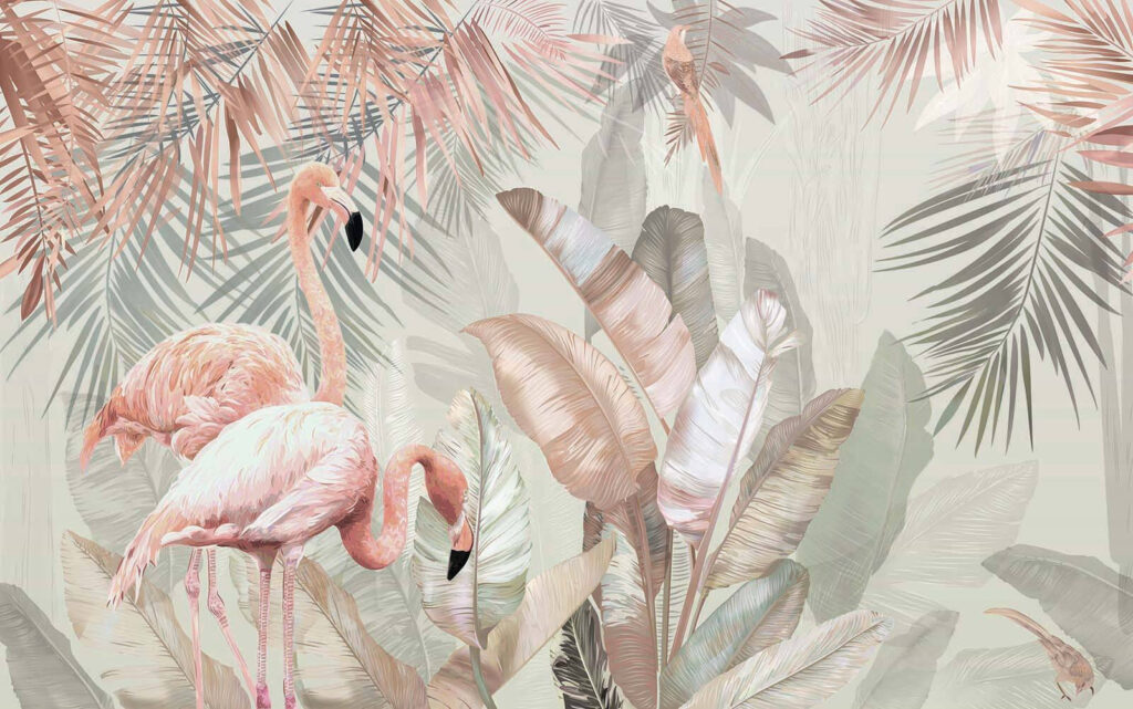 Flamingos and tropical leaves