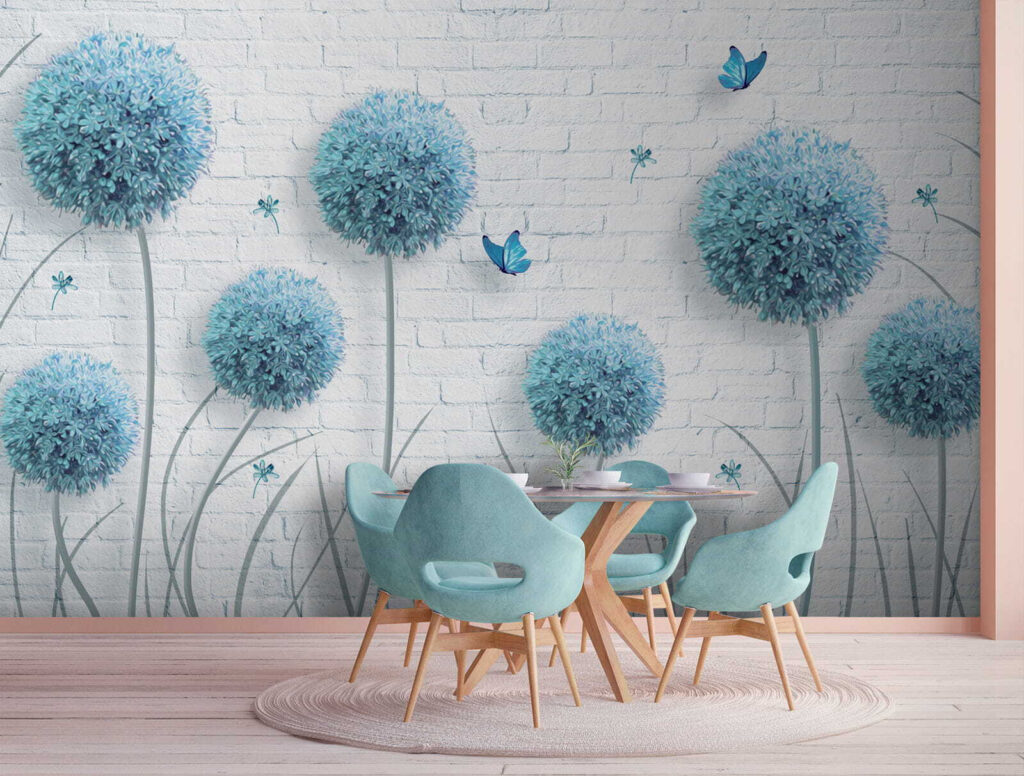 Wallpaper with blue flowers and butterflies Wallpaper with blue flowers and butterflies