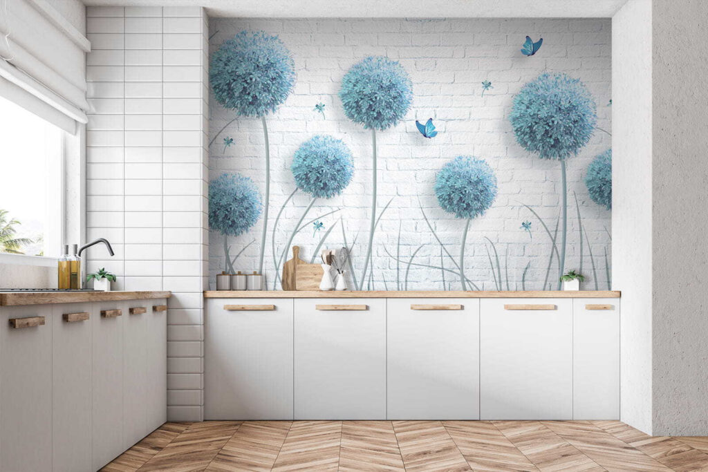 Wallpaper with blue flowers and butterflies Wallpaper with blue flowers and butterflies