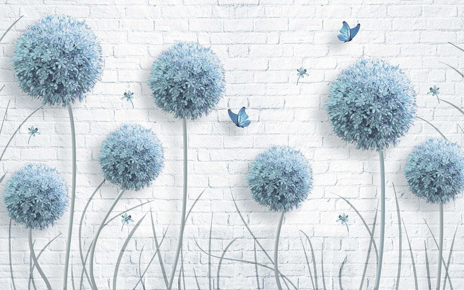 Wallpaper with blue flowers and butterflies Wallpaper with blue flowers and butterflies