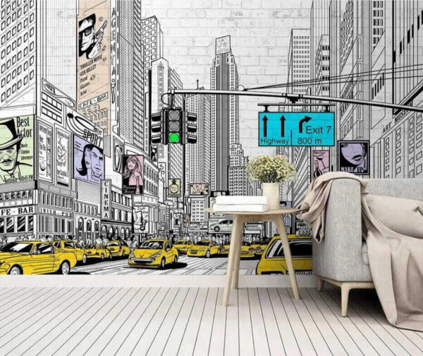 Drawing of a city street with cars and buildings Drawing of a city street with cars and buildings