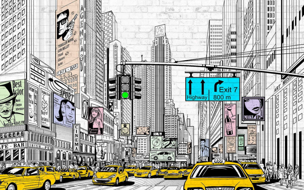 Drawing of a city street with cars and buildings Drawing of a city street with cars and buildings