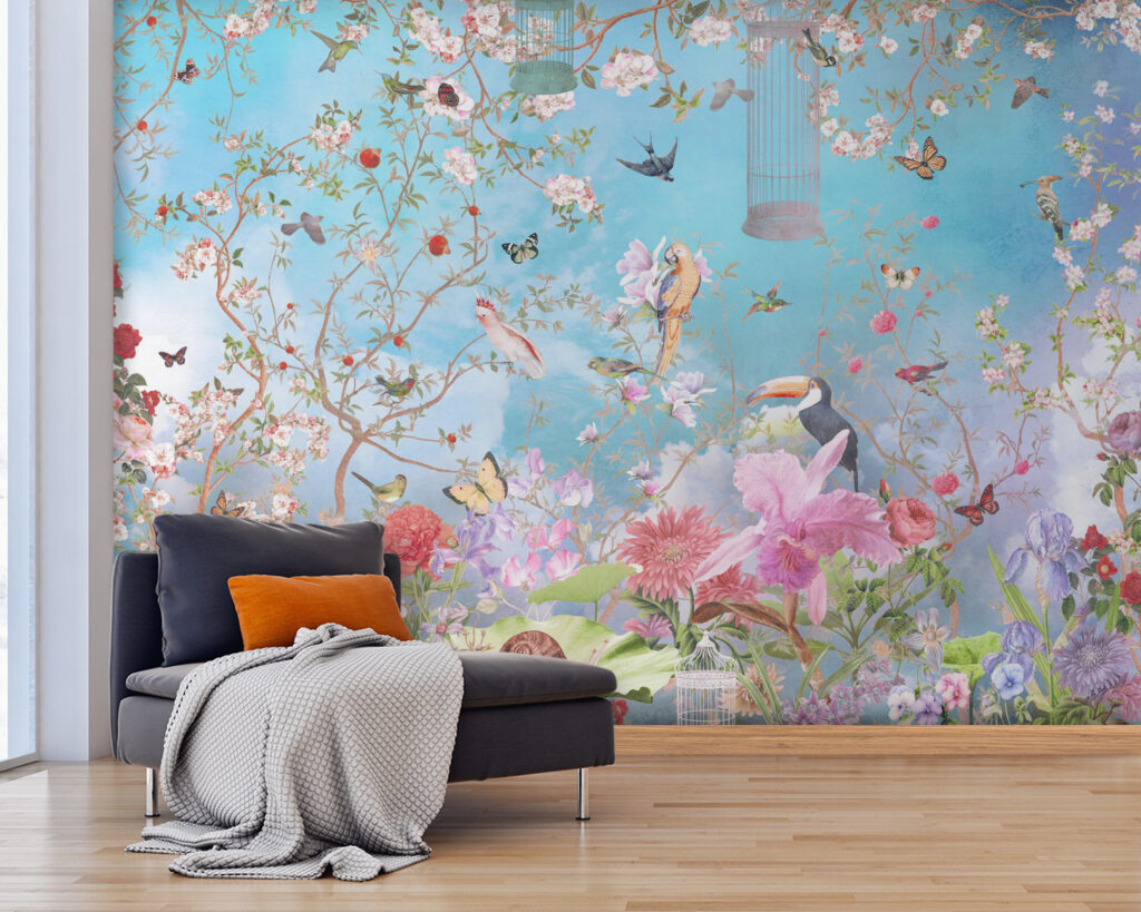 Wallpaper with birds and flowers
