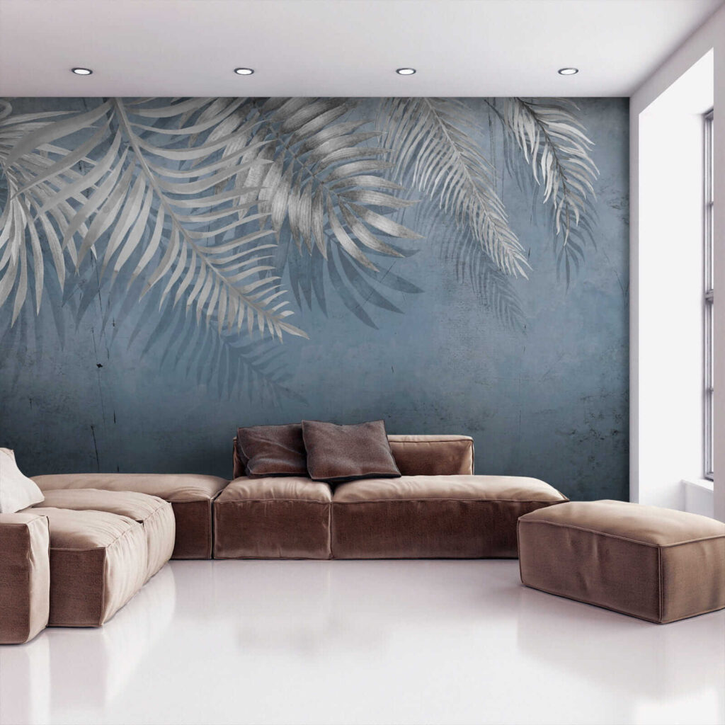 Blue background with silver leaves Blue background with silver leaves