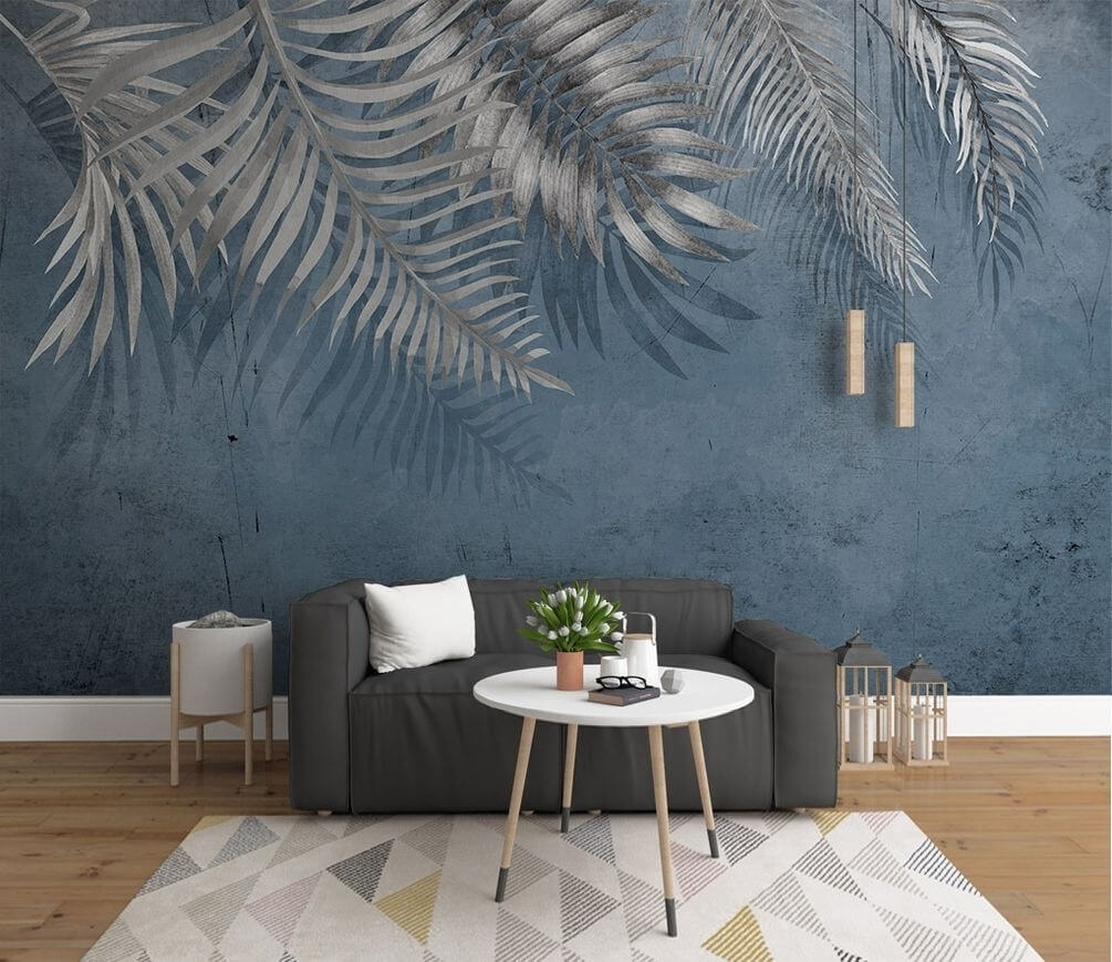 Blue background with silver leaves Blue background with silver leaves