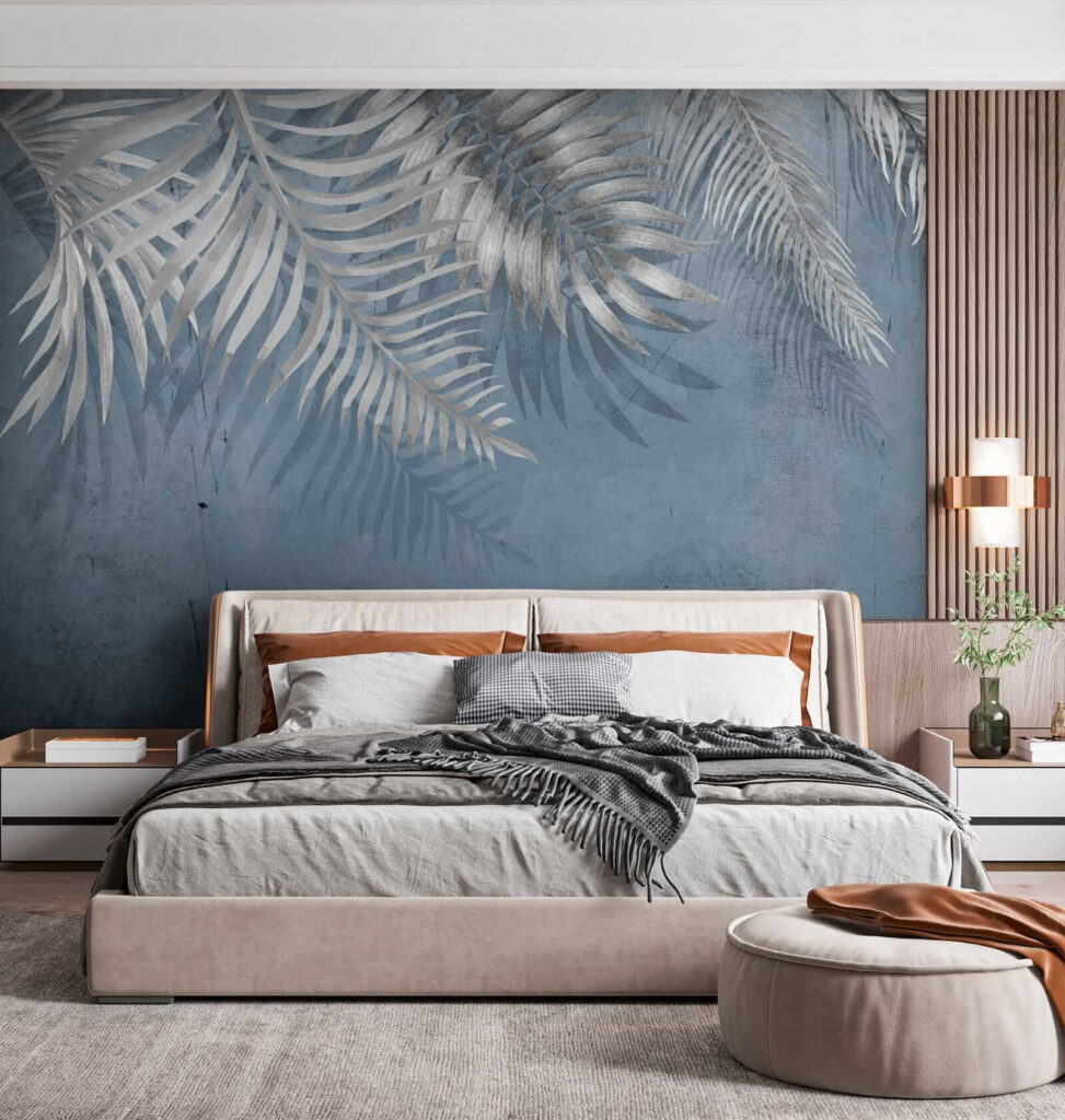 Blue background with silver leaves Blue background with silver leaves