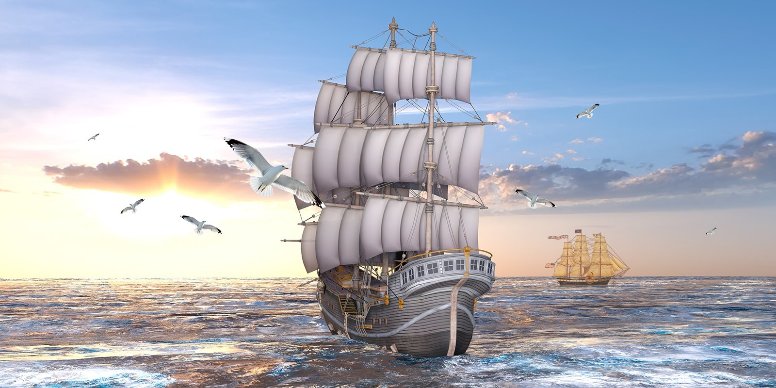 Ship in the water with birds flying