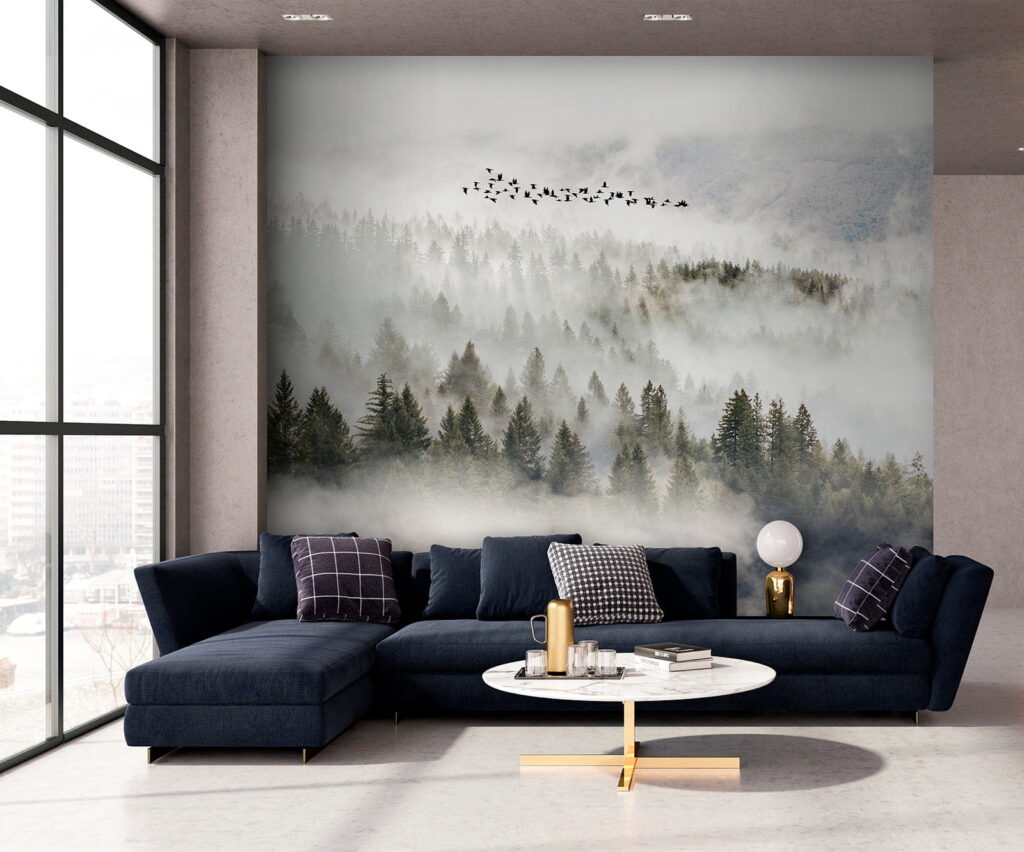 Birds flying over a forest