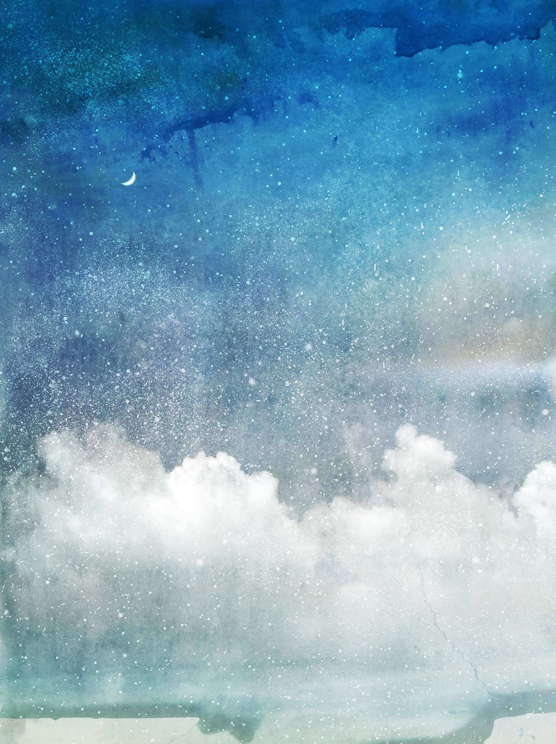 Blue sky with clouds and a crescent moon