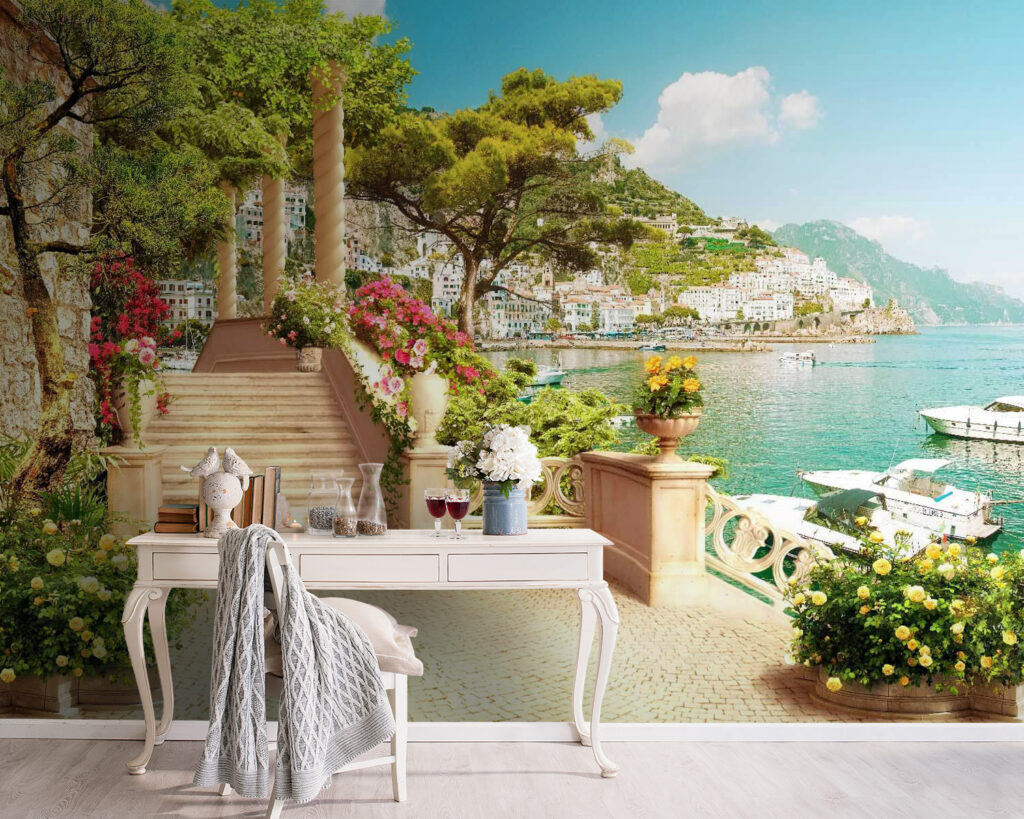 Stone staircase with flowers and trees on the side of the water