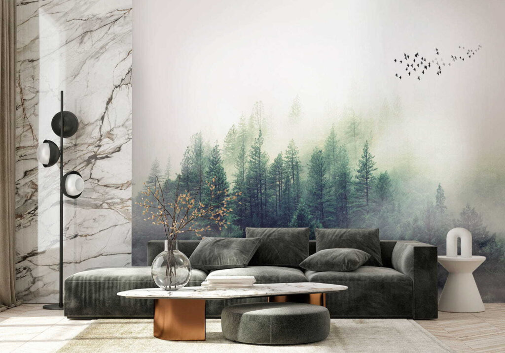 Birds flying over a forest