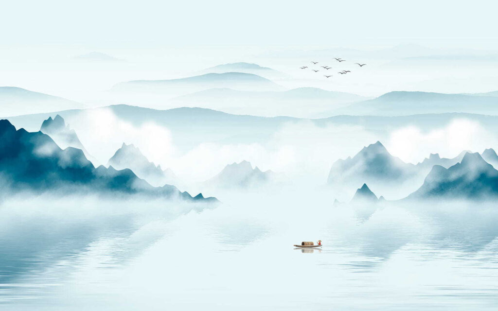 Boat in the water with mountains and birds flying