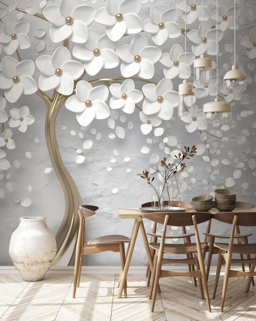 Tree with white flowers and leaves