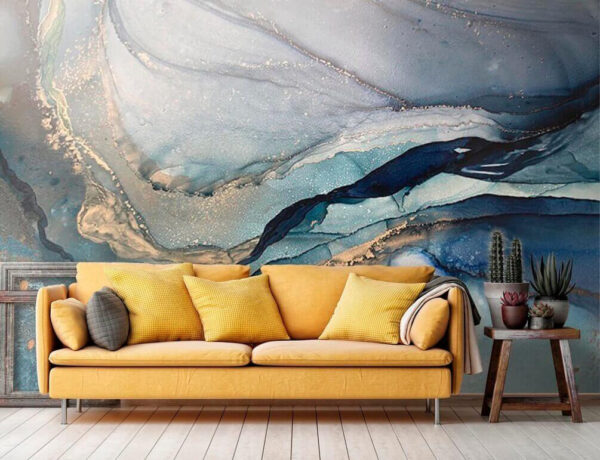 Swirling blues and earthy tones blend Swirling blues and earthy tones blend