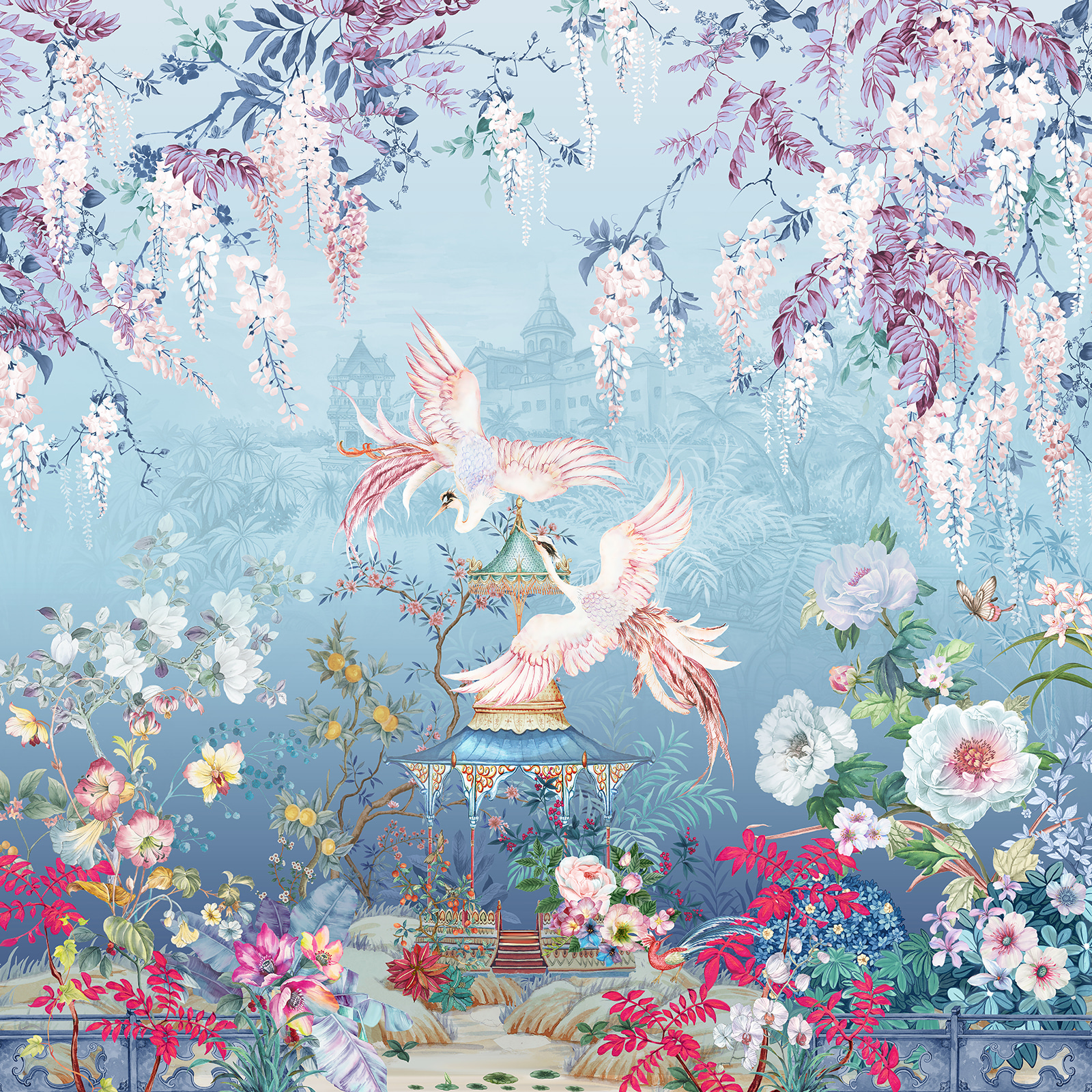 Painting of birds flying over a pagoda and flowers