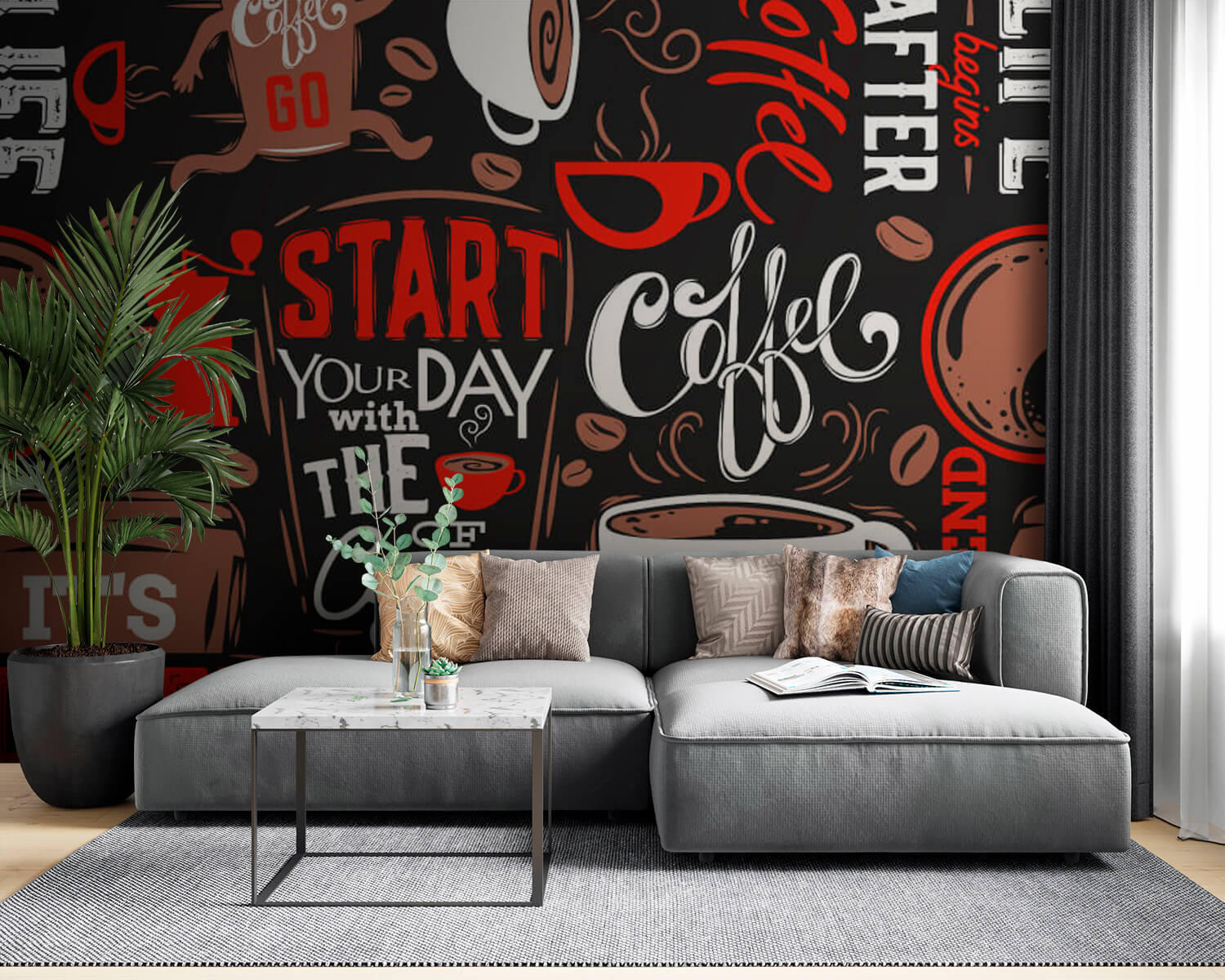 u03080pig53m - Μοτίβο από φλιτζάνια καφέ και κόκκους καφέ - tegory