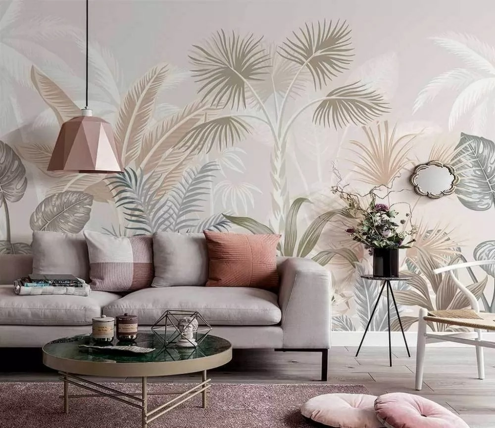 Tropical leaves in soft pastel hues