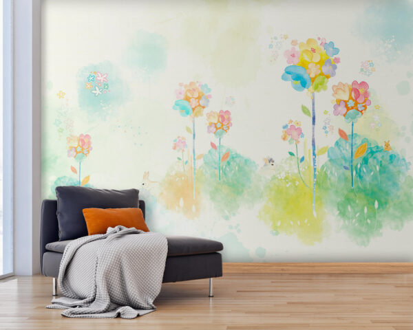 Ταπετσαρίες Ζωγραφική ακουαρέλας με λουλούδια και κουνέλια