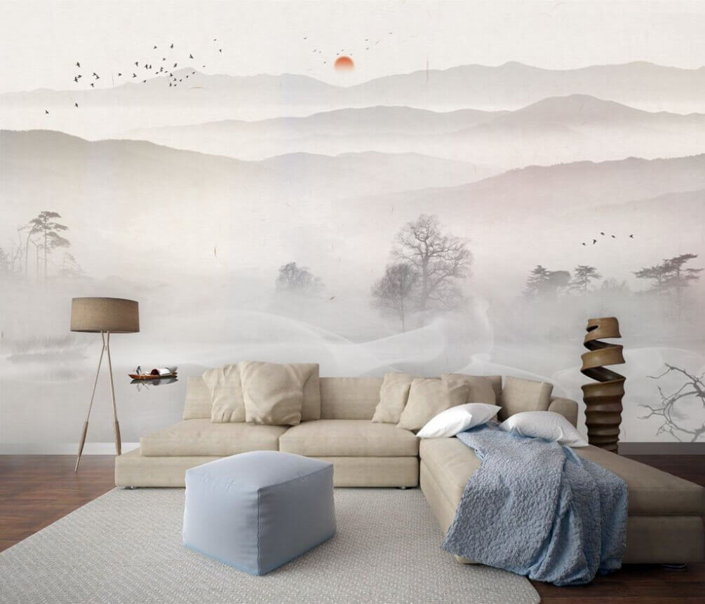 u07128pig1m - Σκάφος σε λίμνη με ομίχλη και δέντρα - tegory