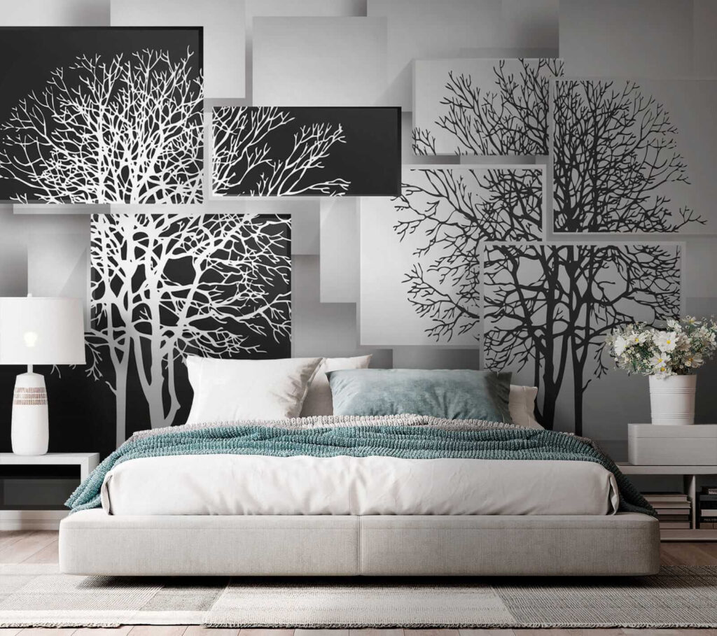 Group of black and white squares with trees on them Group of black and white squares with trees on them