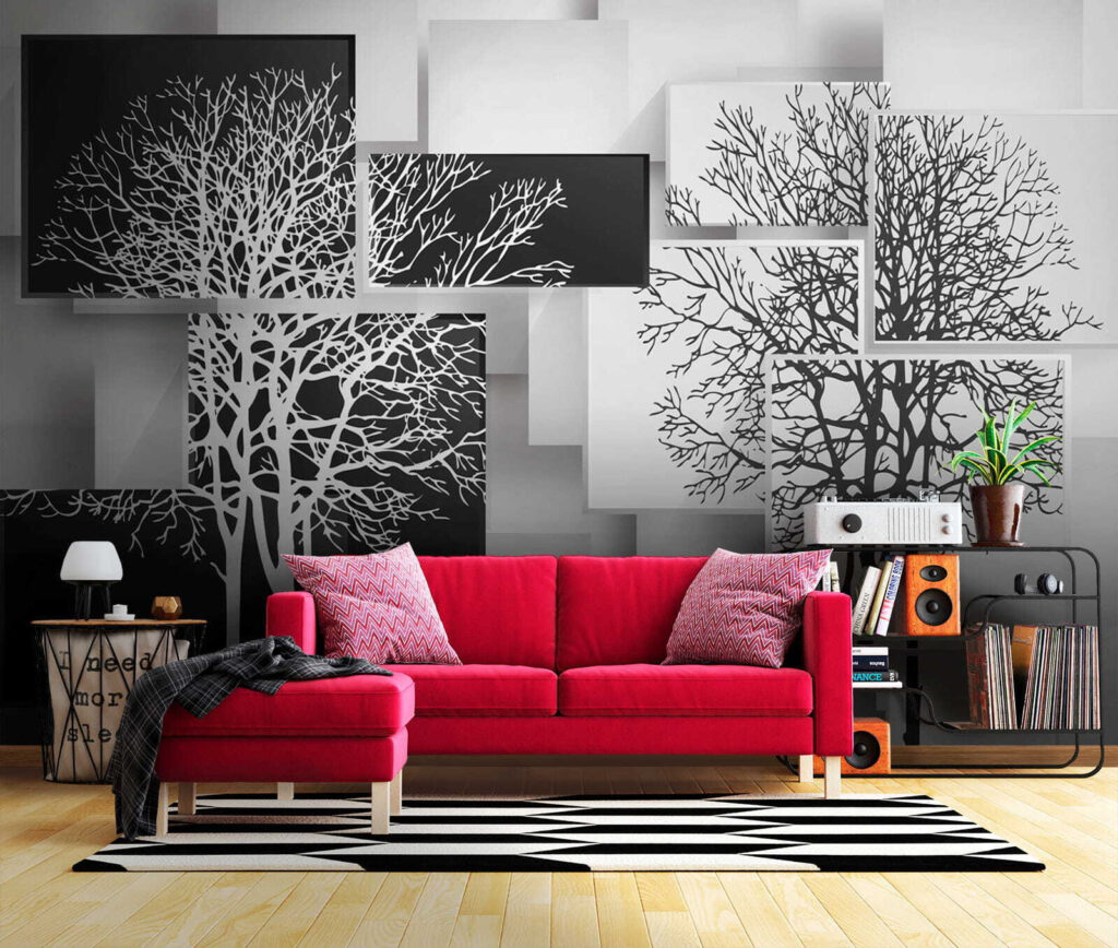 Group of black and white squares with trees on them Group of black and white squares with trees on them