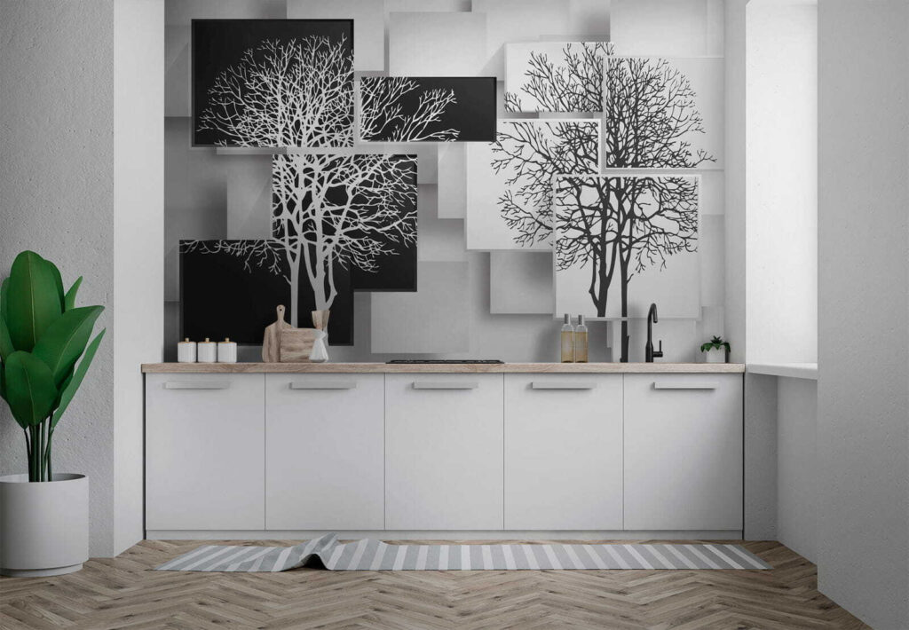 Group of black and white squares with trees on them Group of black and white squares with trees on them