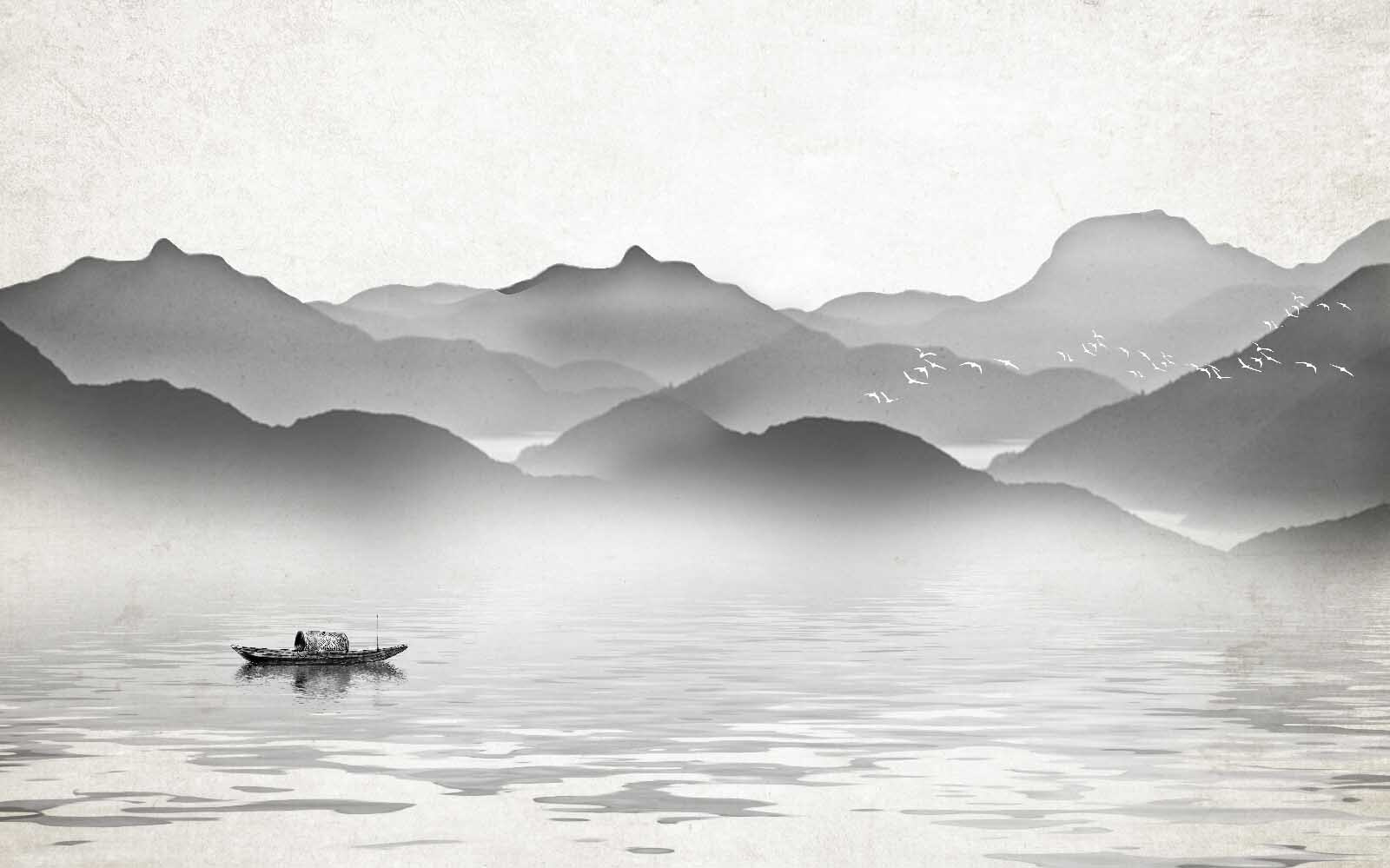 u09842p - Σκάφος στο νερό με βουνά στο φόντο - tegory