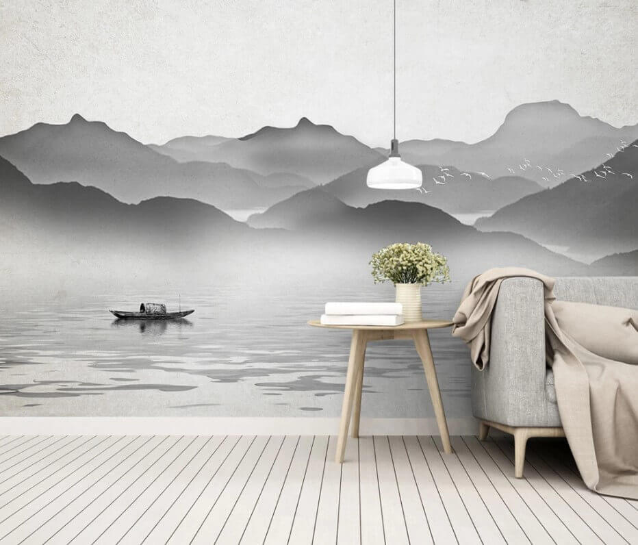 u09842pig1m - Σκάφος στο νερό με βουνά στο φόντο - tegory