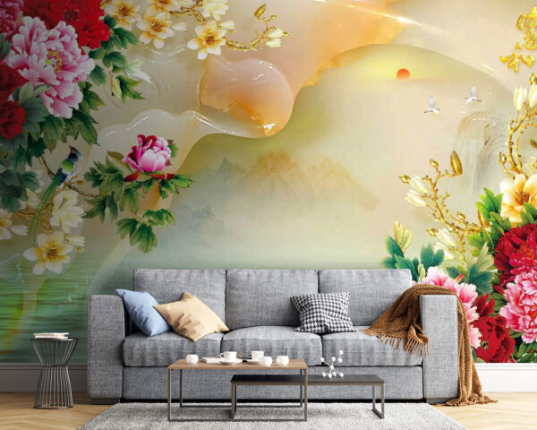 Ταπετσαρίες Ταπετσαρίες Ζωγραφική με λουλούδια και κύκνους (Κωδικός προϊόντος: u11643)