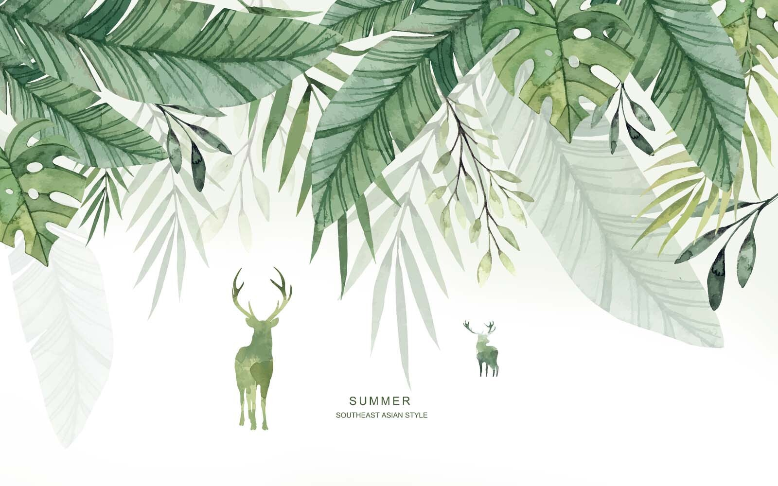 u14518p - Ακουαρέλα ζωγραφική ενός ελαφιού και φύλλα - tegory