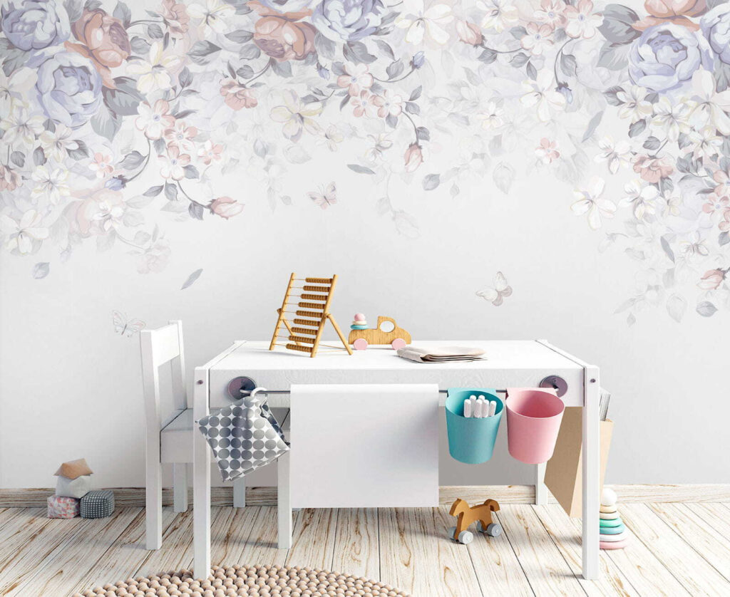 White background with flowers and butterflies