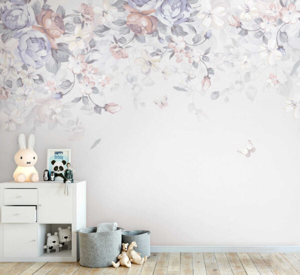 White background with flowers and butterflies