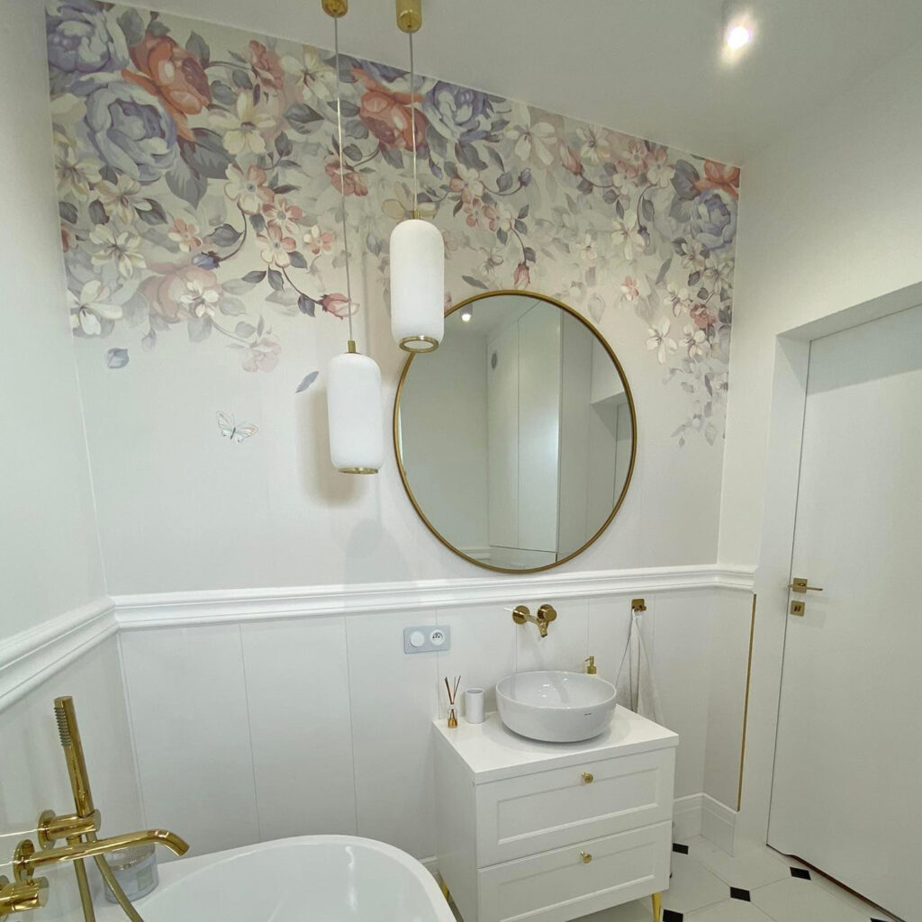 White background with flowers and butterflies