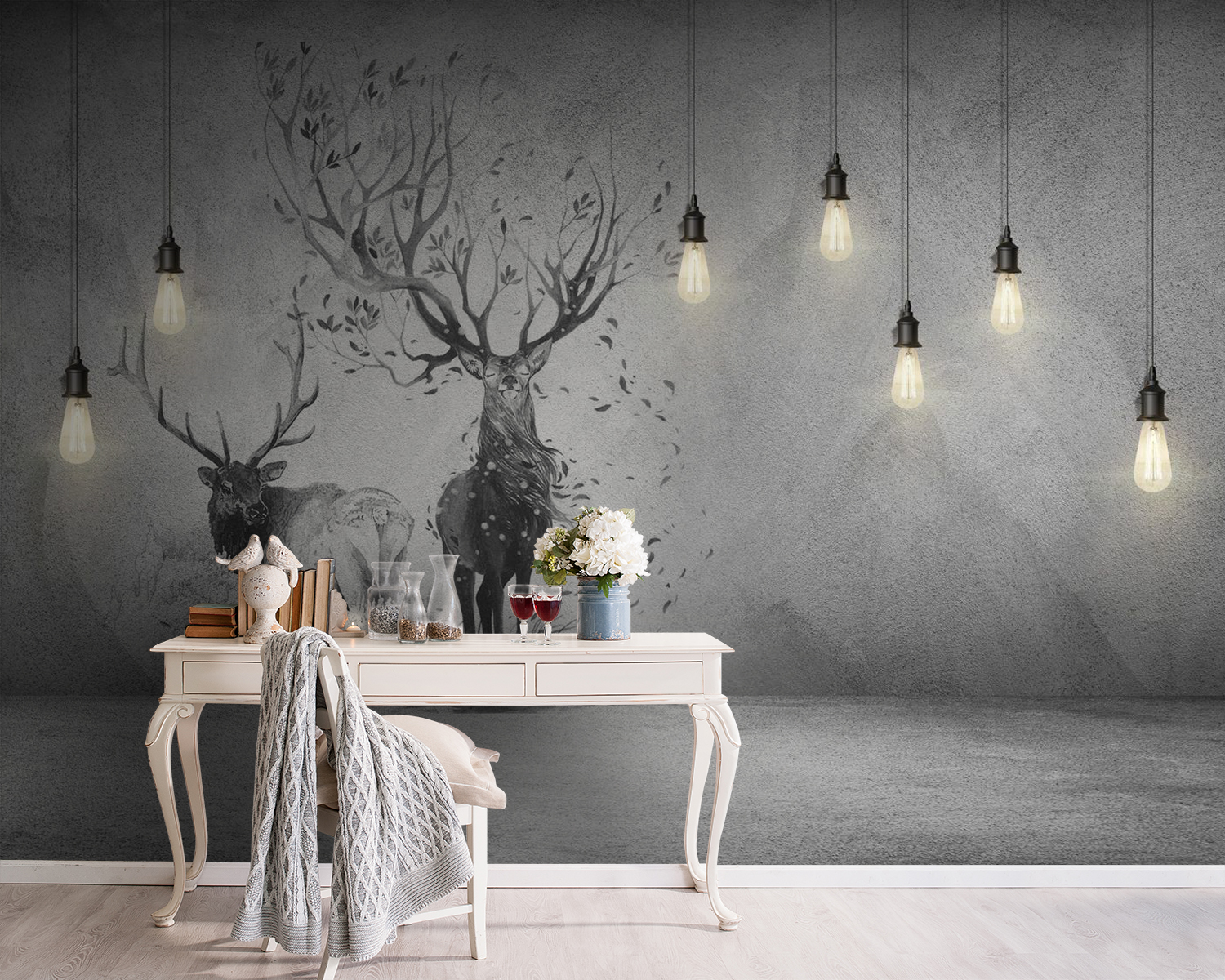 u15700pig5m - Τοίχος με σχέδιο δύο ελαφιών και δέντρων - tegory