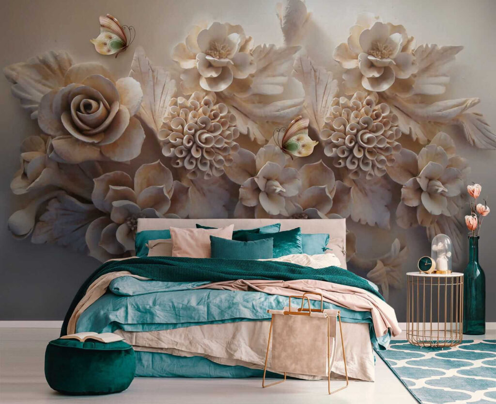 Group of white flowers and butterflies