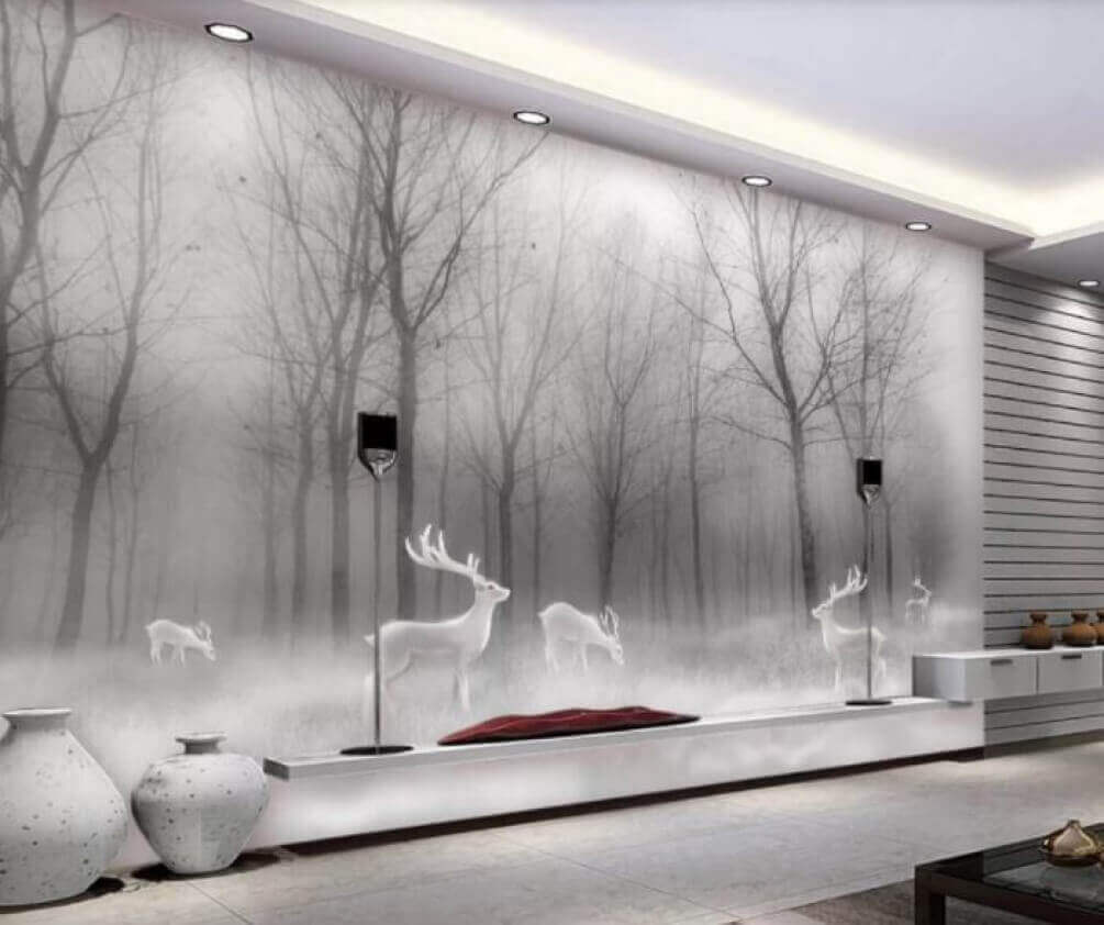 u19701pig1m - Ομάδα λευκών ελαφιών σε ένα ομιχλώδες δάσος - tegory