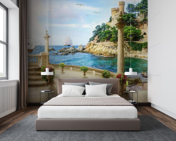 Ταπετσαρίες Μπαλκόνι με στήλες και λουλούδια στην πλευρά του ωκεανού