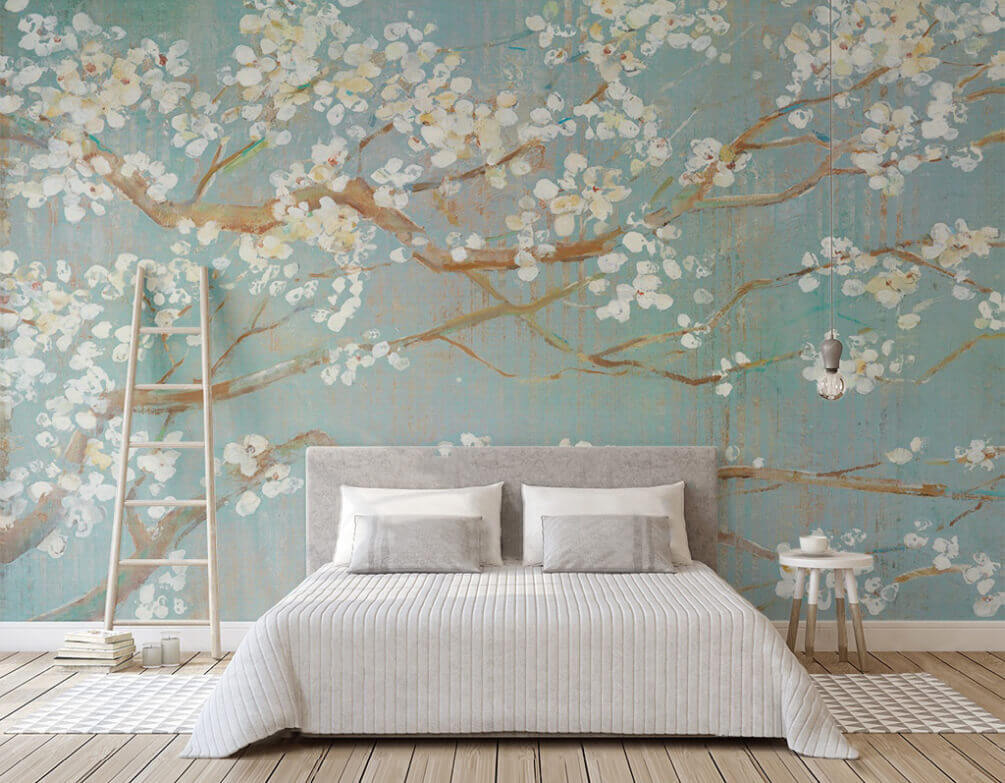 Painting of a tree branch with white flowers