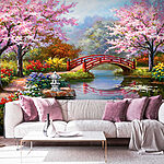 Ταπετσαρίες Ζωγραφική μιας λίμνης με γέφυρα και λουλούδια