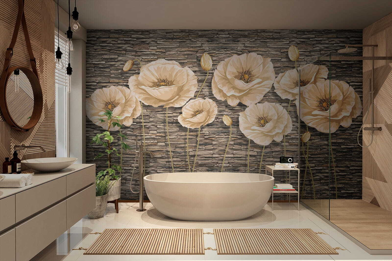 Group of flowers on a brick wall