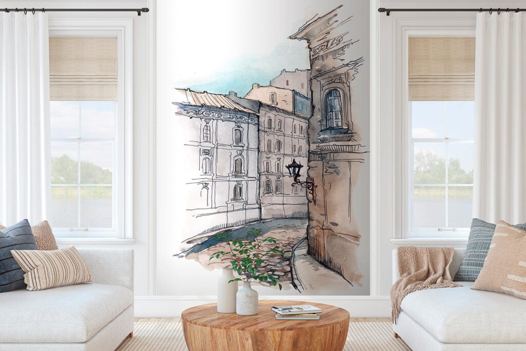 Drawing of a street with buildings Drawing of a street with buildings