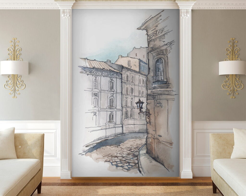 Drawing of a street with buildings Drawing of a street with buildings