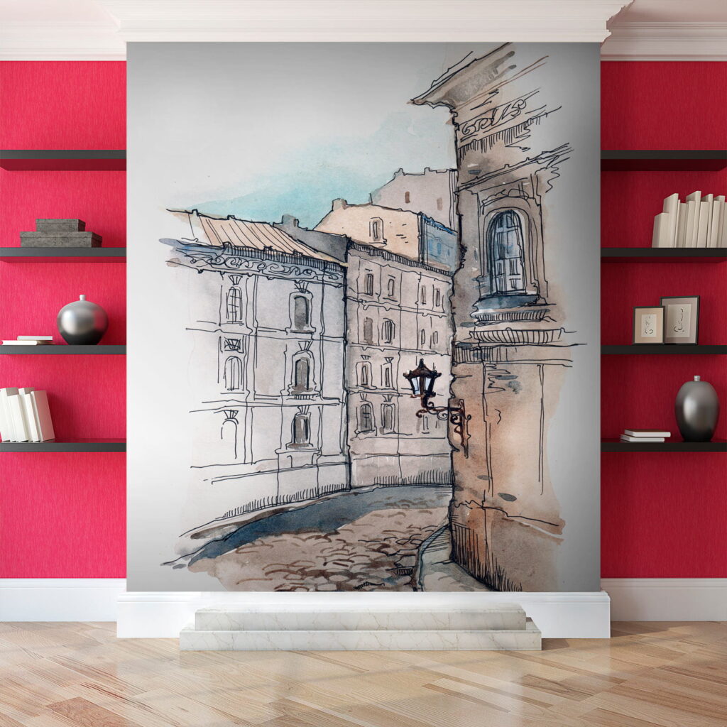 Drawing of a street with buildings Drawing of a street with buildings