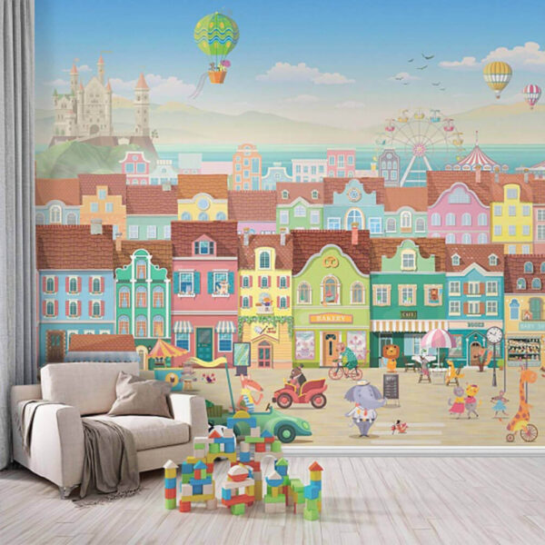Ταπετσαρίες Πόλη καρτούν με πολλά κτίρια και μια ρόδα λούνα παρκ