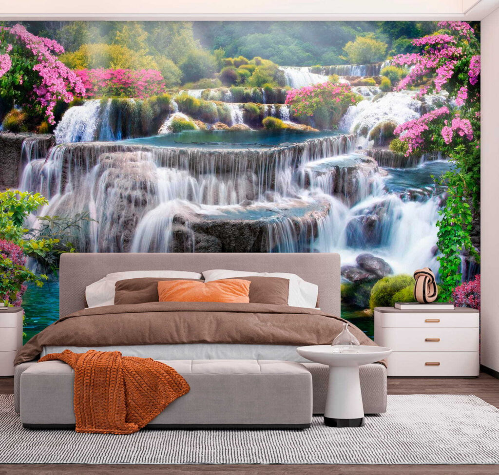 Waterfall with flowers and trees
