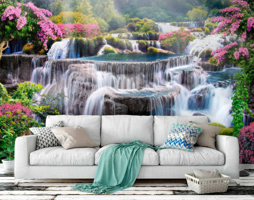 Waterfall with flowers and trees