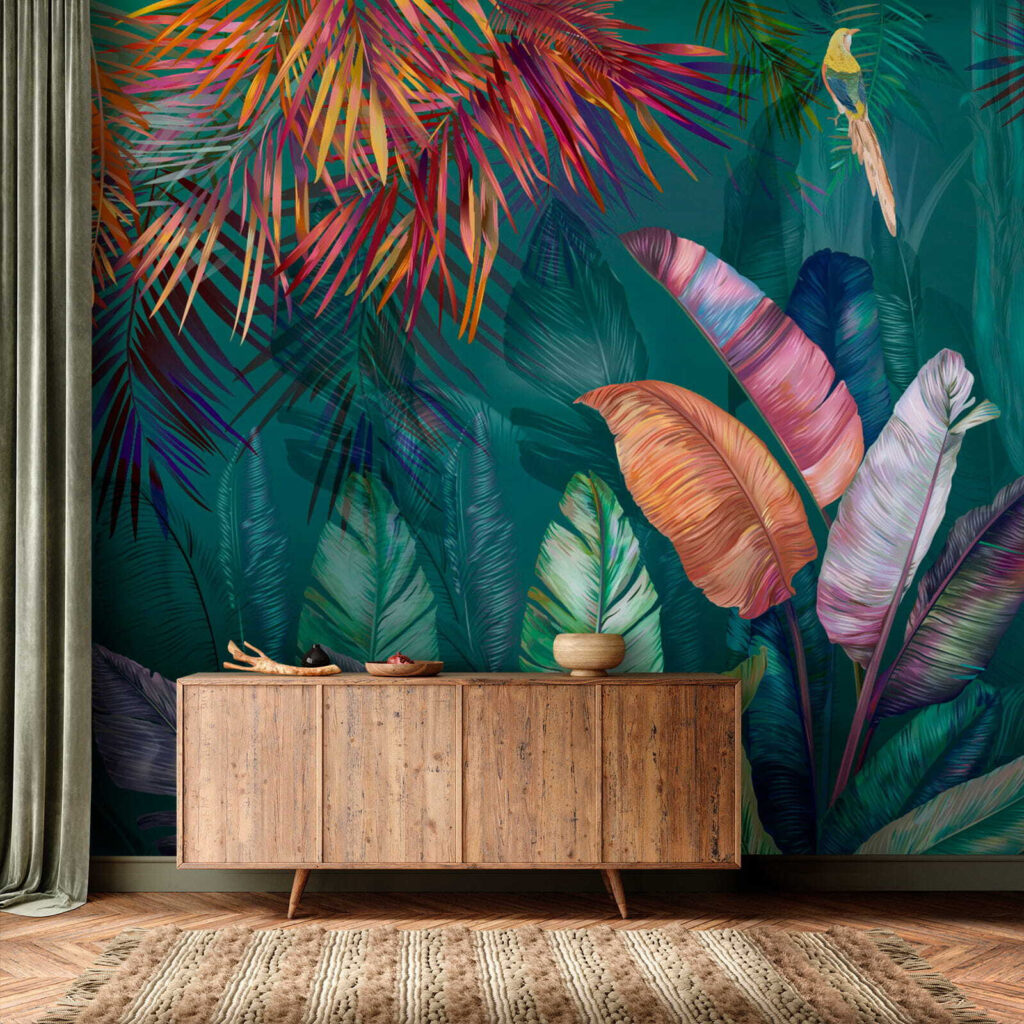 Colorful tropical leaves and birds