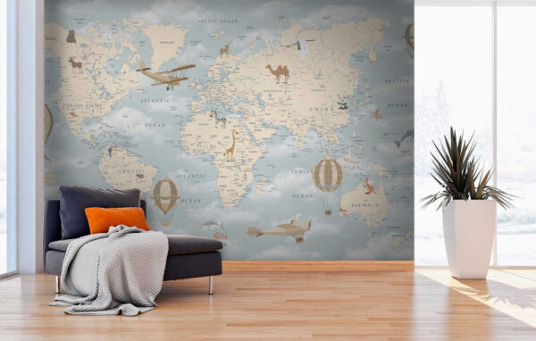 Map of the world with different animals and birds Map of the world with different animals and birds