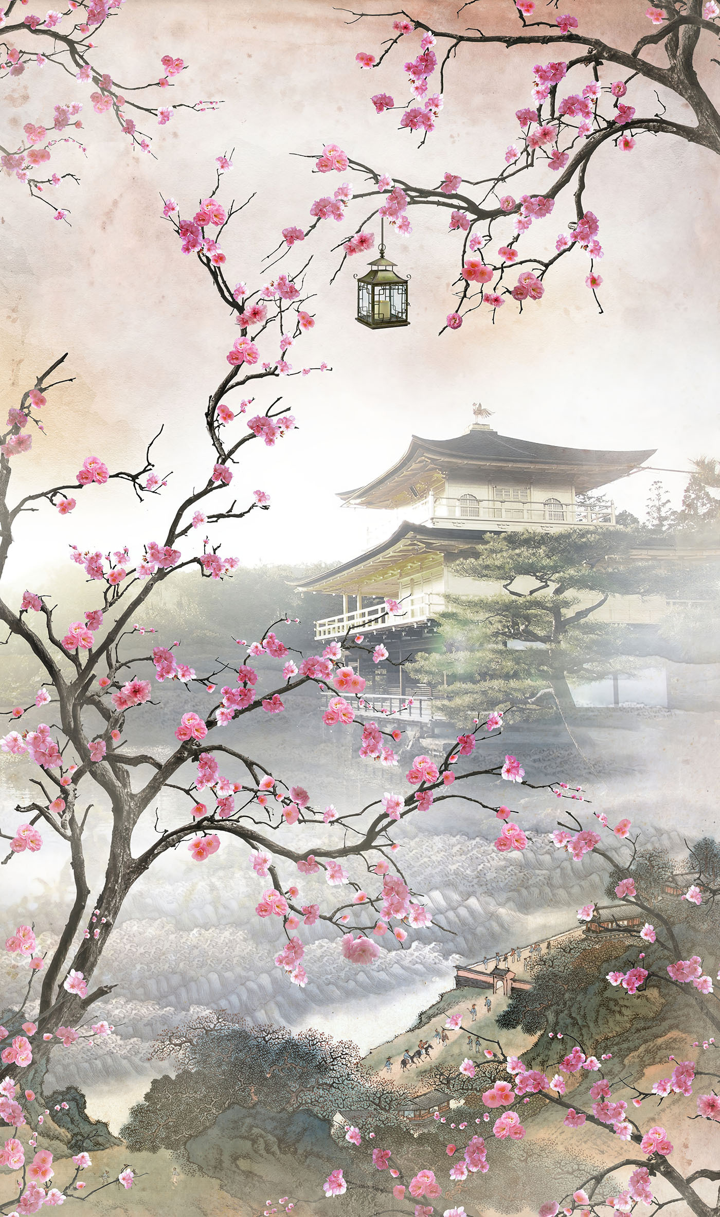 Tree with pink flowers and a building in the background Tree with pink flowers and a building in the background